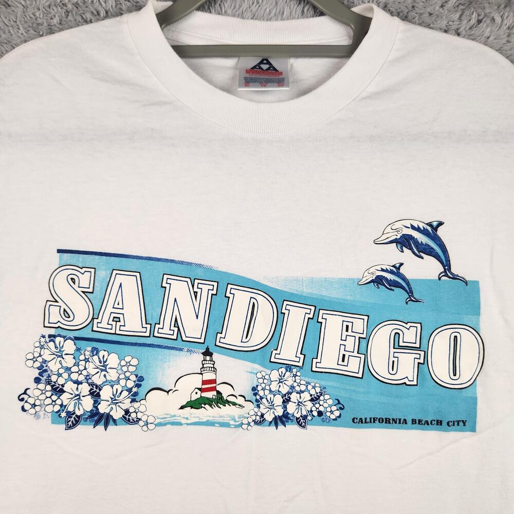 Vintage San Diego Shirt Mens XL White Dolphins Lighthouse Graphic Beach Y2k
